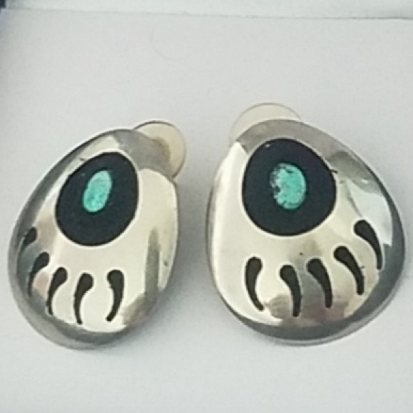 BIG Navajo Sterling & Turquoise Bear Paw Earrings - Picture 6 of 13